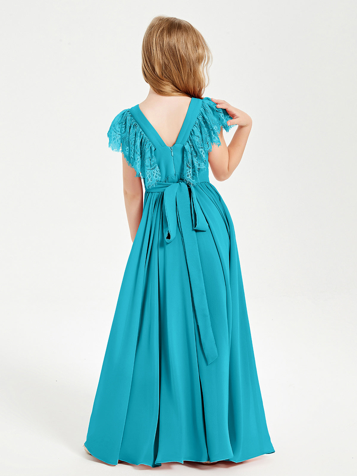 Chiffon Junior Bridesmaid Dresses with Lace Flutter Sleeves Jade